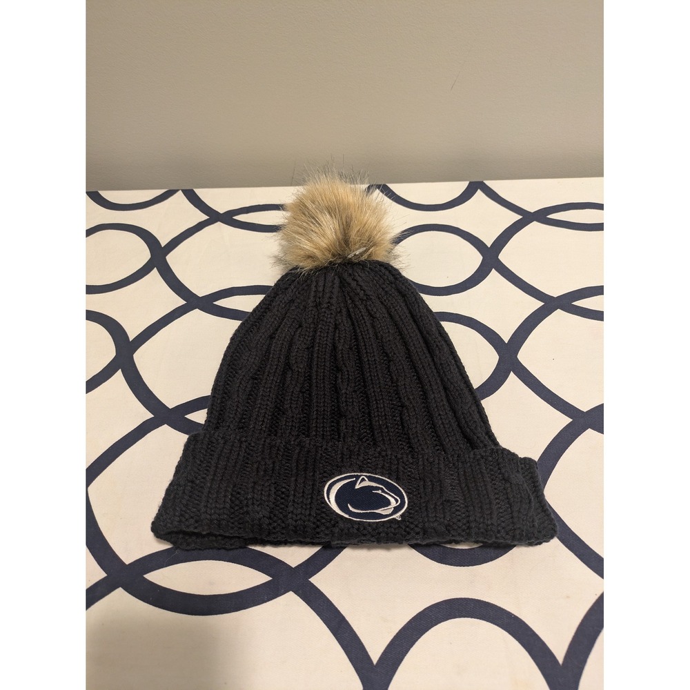Penn State Nittany Lions Navy Blue Cable Knit Cuffed Beanie Faux Fur Pom Hat